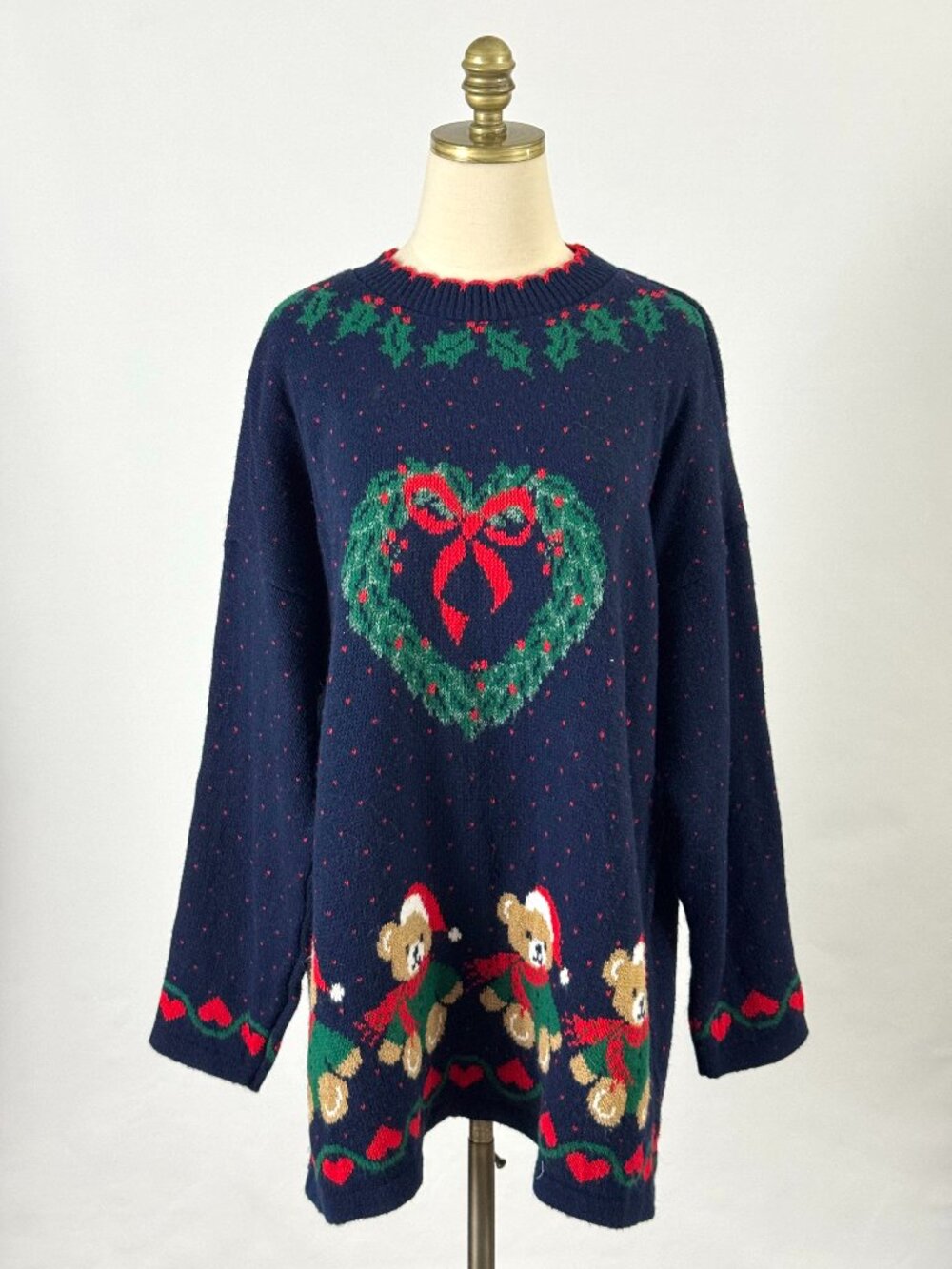 Vtg Adele Knitwear Christmas Sweater Teddy Bear Heart Wreath Bow Holly Navy Blue